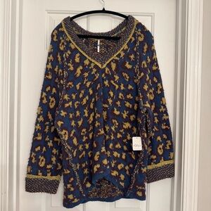 Free People Blue and Yellow Patterned Blouse